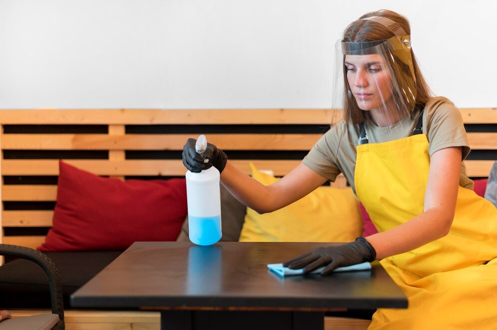 barista-with-face-protection-gloves-cleaning-tables_23-2148630780